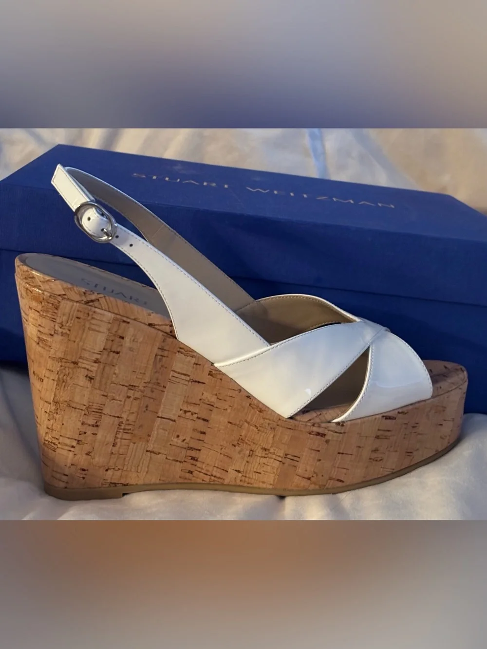 Stuart Weitzman White Patent Cork Platform Wedges - Picture 5 of 14